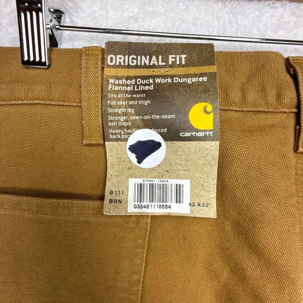 Carhartt B111 BRN Washed Duck Work Dungaree Flannel Lined Brown 42x32 NWT Pants‎